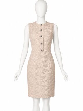 Dolce & Gabbana Sleeveless Textured Cream Midi Dress w/ Rhinestone Buttons Sz40